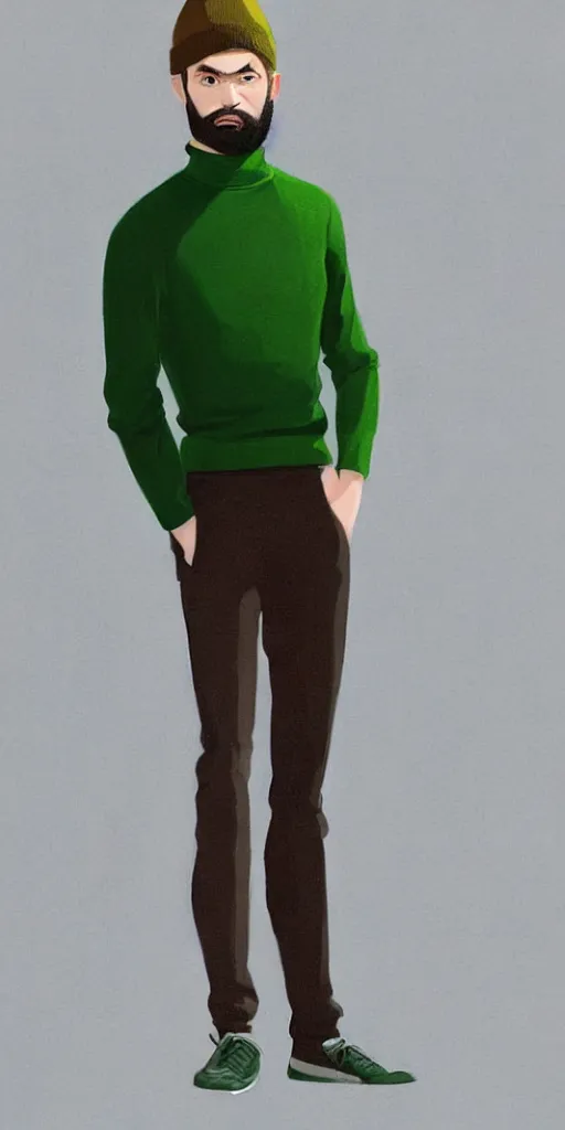 Prompt: a young man with a chin - style brown beard without mustache in a black cap, a light green turtleneck sweater and a white sneakers, in full height, unreal engine, digital painting, vivid colors, vibrant colors, sharp focus illustration, artstation hq. intricate, elegant, medium shot, art by wlop