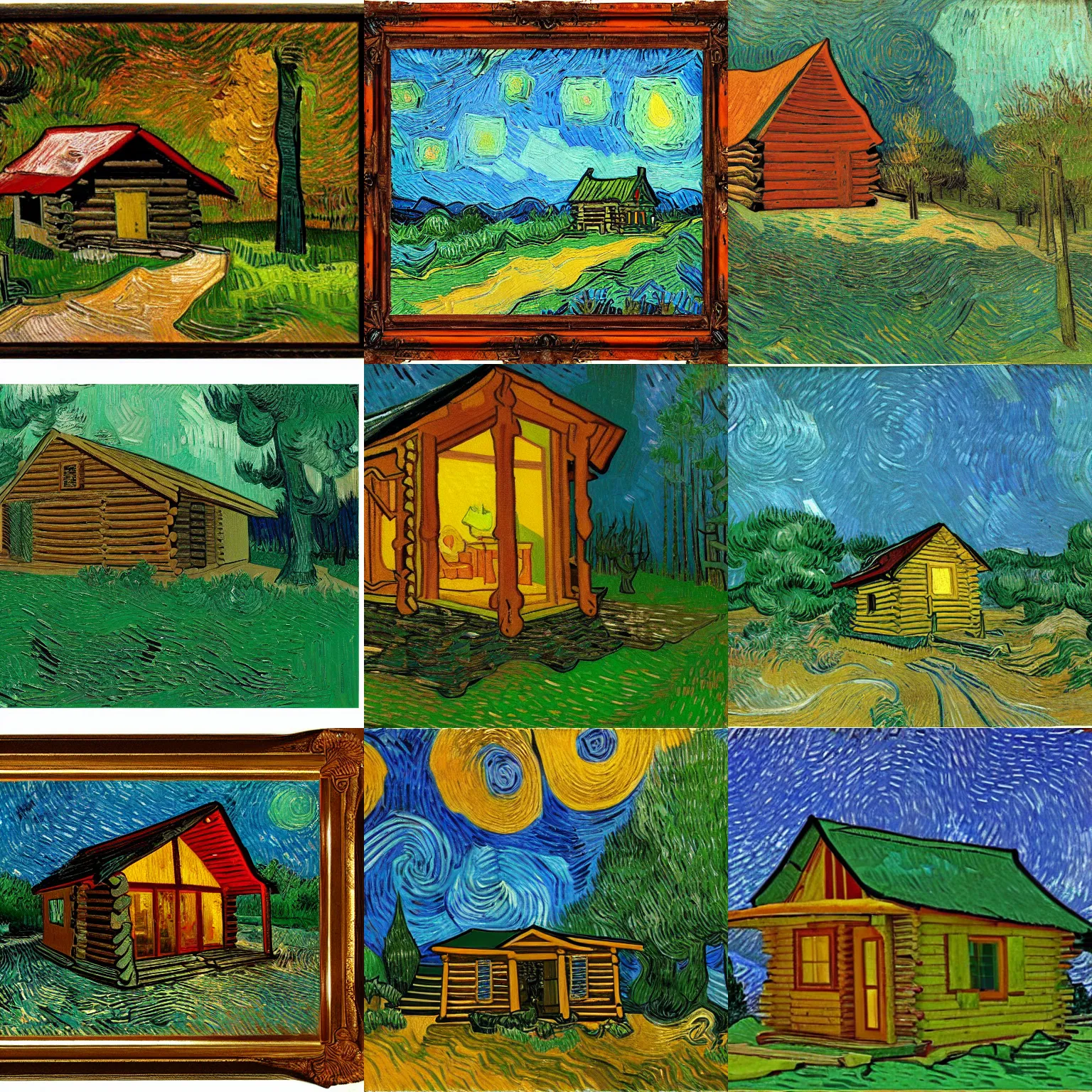 Prompt: [ a log cabin in the forest ] [ van gogh ] [ cinematic ]