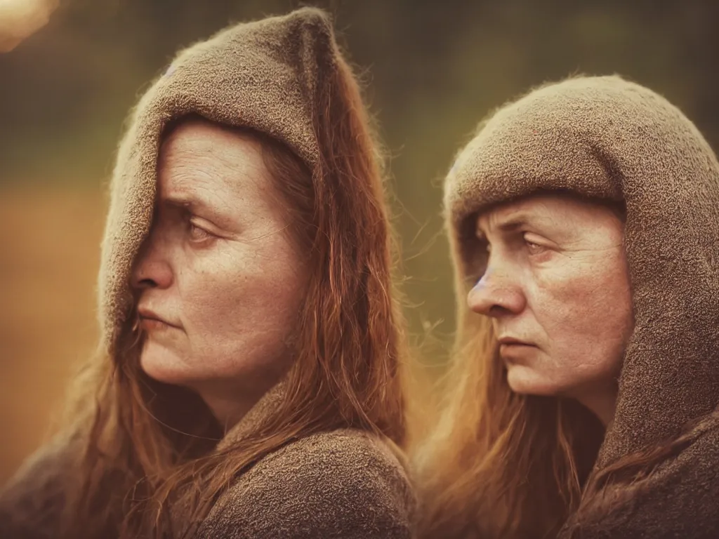 Prompt: close up portrait bust of woman sitting on fence, tired expression, faded color film, russian cinema, tarkovsky, technicolor, heavy forest, wood cabin in distance, shallow depth of field, long brown hair, old clothing, heavy fog, brown color palette, sunset, low light, hudson river school, 4 k, dramatic lighting