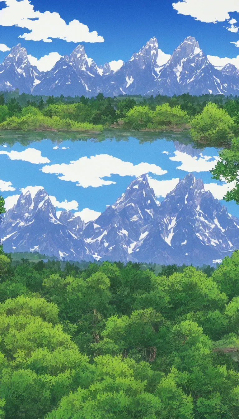 Prompt: view of the Grand Teton mountains in Studio Ghibli style, 4k