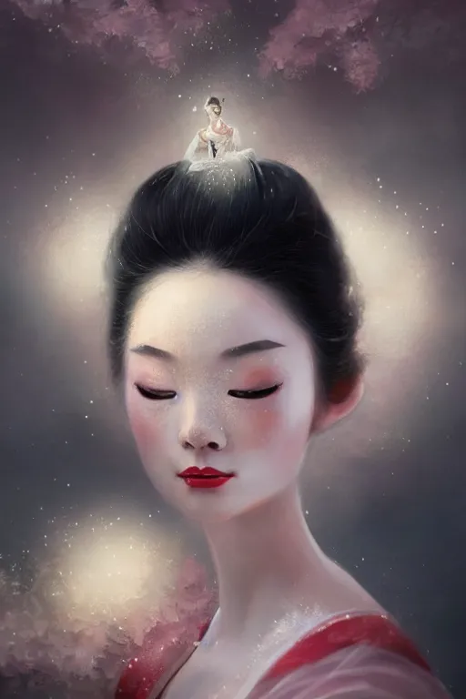 Image similar to geisha prima ballerina, gorgeous, ethereal, close - up portrait, intricate, elegant, volumetric lighting, scenery, digital painting, highly detailed, tutu, artstation, sharp focus, illustration, concept art, ruan jia, steve mccurry