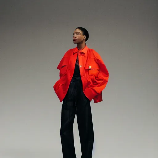 Image similar to realistic photoshooting for a new balenciaga lookbook color film photography of a beautiful woman model, model wears a workwear jacket, photo in style of tyler mitchell, ssense