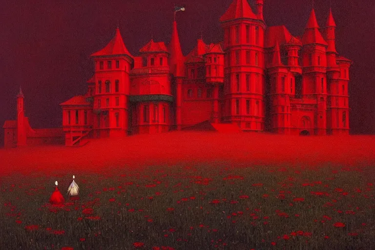 Image similar to only with red, red flowers of different types, red castle in background, red medieval goblins, in the style of beksinski, parts by edward hopper, parts by rodcenko, parts by yue minjun, intricate and epic composition, red by caravaggio, insanely quality, highly detailed, masterpiece, red light, artstation, 4 k