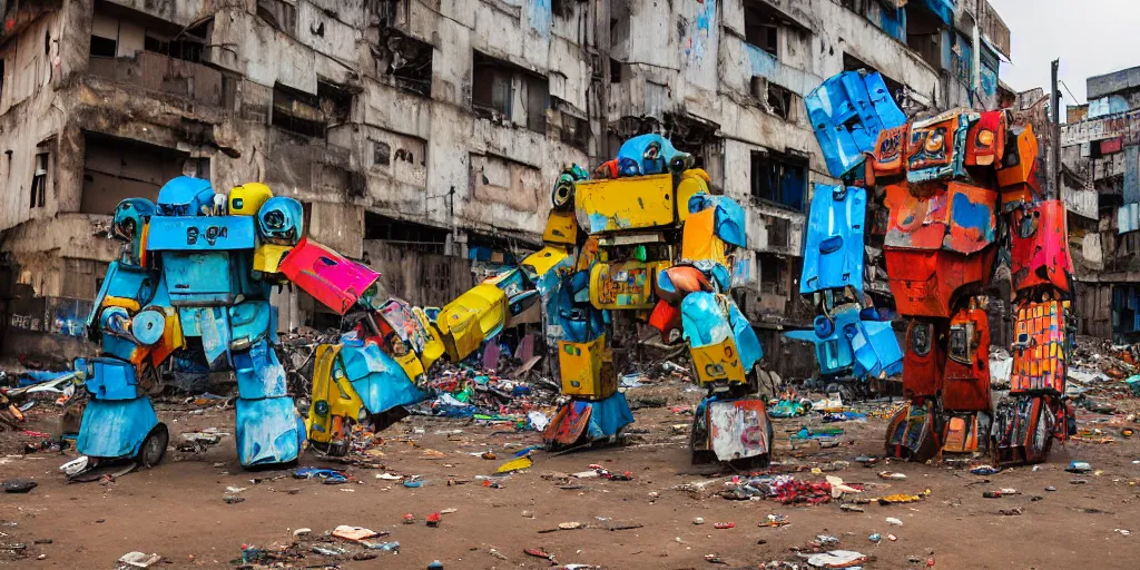 Image similar to destroyed colourful giant mecha ROBOT of AJEGUNLE SLUMS of Lagos, markings on robot, Golden Hour,