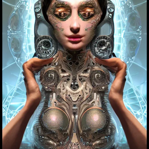 Image similar to very beautiful woman integrating with technology, full face frontal centered, portrait, insipiring, detailed intricate ornate cables connected to head, big open electric eyes, luxurious detailed abundent wiring and implants, diamonds, sci-fi, neon, emeralds, detailed technology full background, highly detailed, artstation, Rene Lalique and Eddie Mendoza and Gil Elvgren