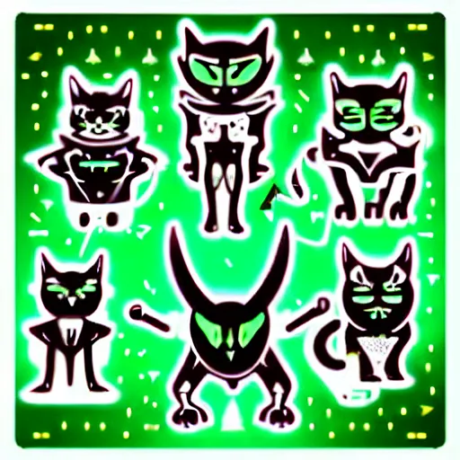 Image similar to Horned cat circuitboard alien, green laser light energy, uncanny devil creature, intelligent and cunning