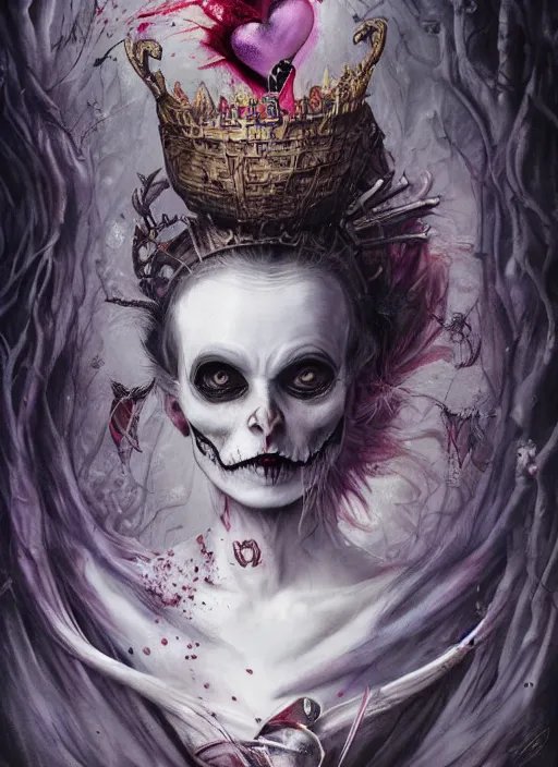 Prompt: Queen of Hearts, Cheshire Cat, Alice in Wonderland, Death Tarot card,highly detailed,half skull face,cinematic,8k,by Stanley Artgermm,Tom Bagshaw,Greg Rutkowski,Carne Griffiths, Ayami Kojima, Beksinski, Giger,trending on DeviantArt,hyper detailed,horror, full of colour