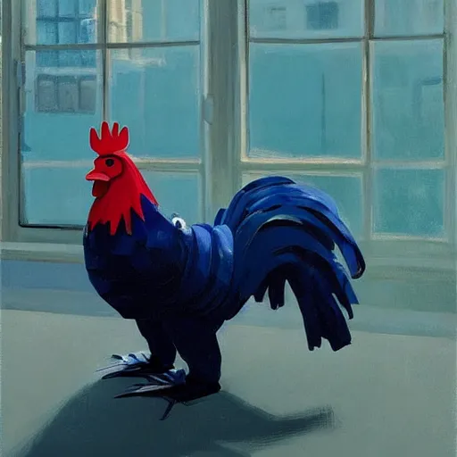 Image similar to a portrait of a robotic rooster wearing a hoodie, a highly detailed edward hopper painting, by adrian ghenie and gerhard richter. art by james gurney. masterpiece, flat surreal design with deep colours. 8 k. artstation