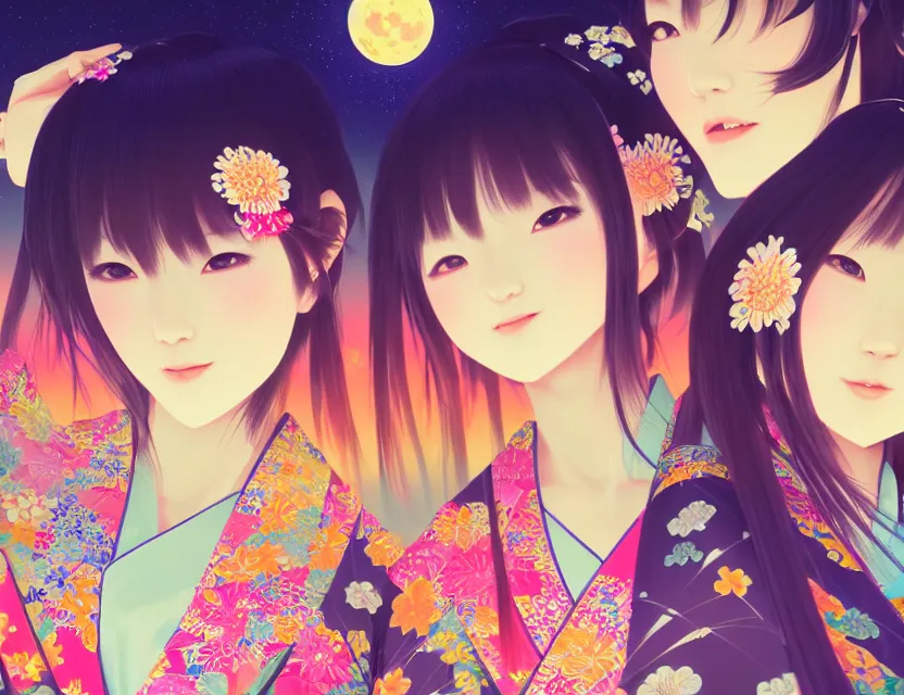 Image similar to two beautiful charming japan girls wear arty kimono in festival | | sunny night, full moon, dreamlike art, realistic shaded, smile, good looking, hyper details, 4 k realistic, cryengine, realistic shaded lighting poster by ilya kuvshinov, fuji choko, ross tran, 8 k resolution, trending on artstation, luxury