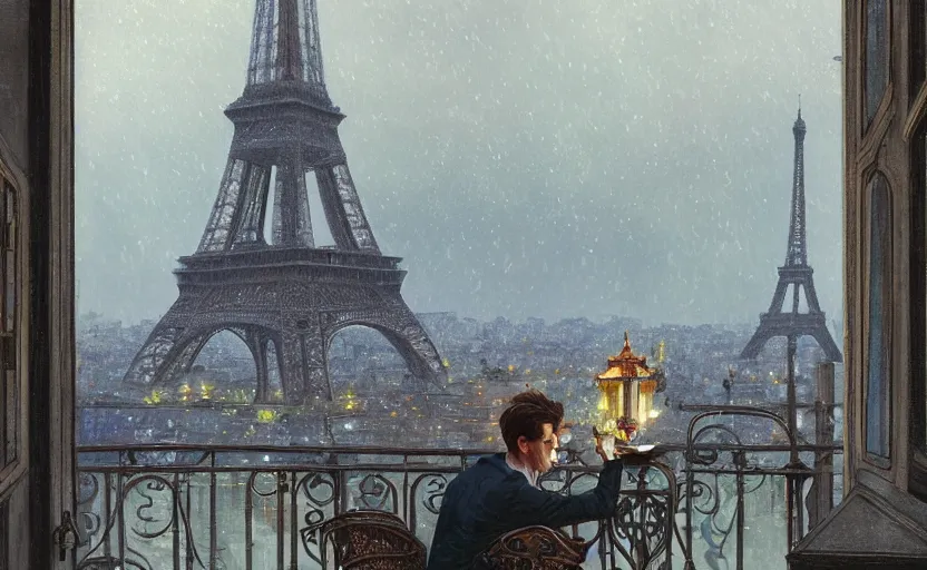 Prompt: elegant man drinking coffee at balcony in france, city with detailed eiffel tower seen behind, late night raining, highly detailed characters, by greg rutkowski, alphonse mucha, beeple, sharp focus, digital art, smooth, light refraction, pixiv art, volumetric lighting