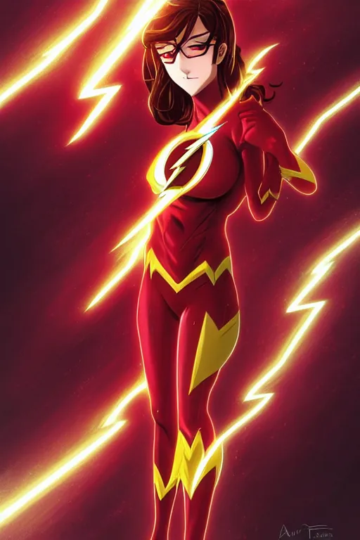 Image similar to anime key visual of a beautiful female the flash!! intricate, red, black, gold suit, powers, speed, lightning hate, dc comics, cinematic, stunning, highly detailed, digital painting, artstation, smooth, hard focus, illustration, art by artgerm and greg rutkowski and alphonse mucha