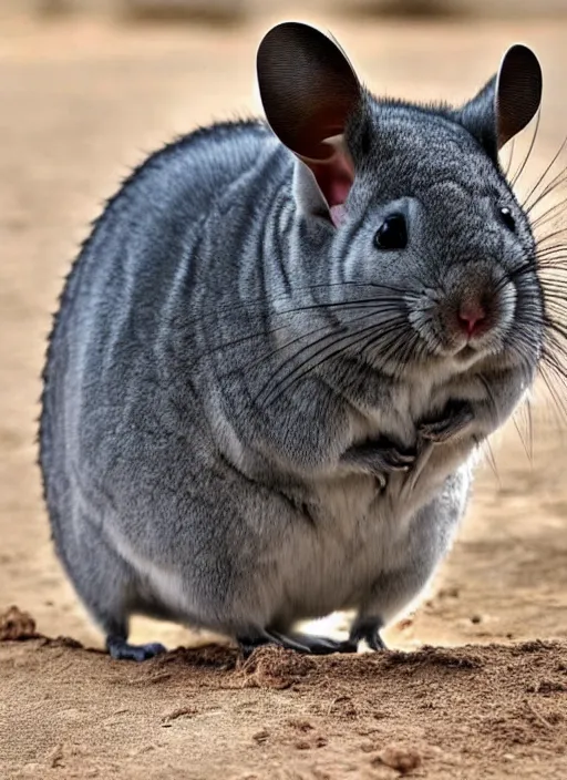 Prompt: chinchilla with strong, muscular body. big and fluffy rodent man. desert survivor.