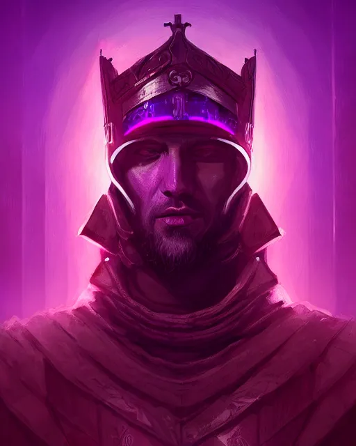 Image similar to a portrait of a medieval king, cyberpunk, purple color scheme, grim - lighting, high - contrast, intricate, elegant, highly detailed, digital painting, artstation, concept art, smooth, sharp focus, illustration