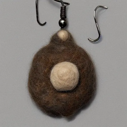 Prompt: a granite earring. It is decorated with alpaca wool and encircled with bands of birch. This object menaces with with spikes of emu leather.