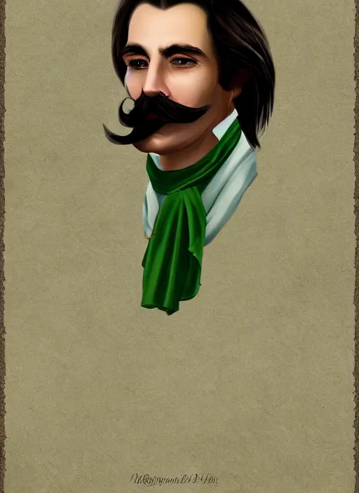 Image similar to an old french baron, long hair, wear an elegant mustach, white scarf, green shirt, by artgem, digital art, highly detailled