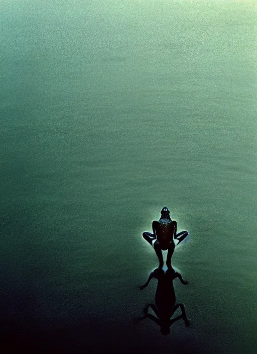 Prompt: sad, lonely frog vertically hovering above misty lake waters in jesus christ pose, low angle shot, long cinematic shot by Andrei Tarkovsky, paranormal, eerie, mystical