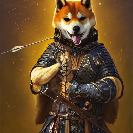 Image similar to anthropomorphic shiba inu, holding medieval crossbow aiming directly to camera, medieval armor, dark aura, fantasy, dark graveyard scene, portrait art by donato giancola and greg rutkowski, realistic face, digital art, trending on artstation, symmetry