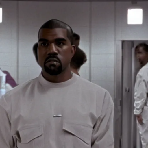 Image similar to a frame the movie andromeda strain, starring kanye west, hallway scene, panning shot, in focus