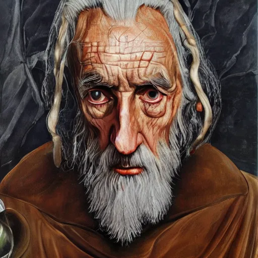 Image similar to high quality high detail painting by lucian freud, hd, saruman from lord of the rings