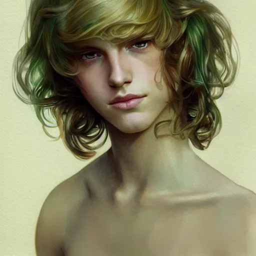 Prompt: teen boy, middle length hair, blonde hair, green eyes, gorgeous, amazing, delicate, feminine, elegant, intricate, highly detailed, watercolor, portrait, artstation, concept art, sharp focus, illustration, art by artgerm and greg rutkowski and alphonse mucha