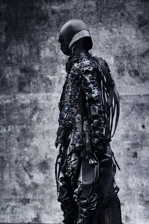 Prompt: avant garde techwear look and clothes, we can see them from feet to head, highly detailed and intricate, hypermaximalist, tonal colors, futuristic, luxury, Rick Owens, Errolson Hugh, Yohji Yamamoto, Y3, ACRNYM, cinematic outfit photo