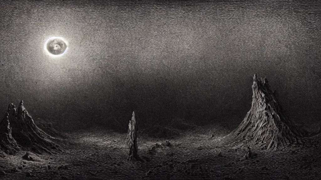 Image similar to deep rich colors, the survivors lay quietly in that cratered void and watched the whitehot stars go rifling down the dark, blood meridian, under a pale dead moon, pale sands, etching by gustave dore, matte painting, 8 k resolution artwork, folk horror, dramatic eerie lighting, trending on artstation, painting, elaborate excellent painted illustration, smooth, autochrome