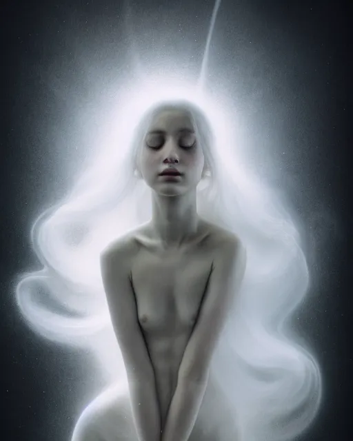 Image similar to soft, dreamy, subsurface scattering, white, young beautiful goddess in cosmos with very long white hair floating in air, fluid smoke art, black and white, octane render, dino valls, mark ryden, joe fenton, michal karcz, highly detailed, rim light, art, cinematic lighting, very coherent, hyper realism, 8 k