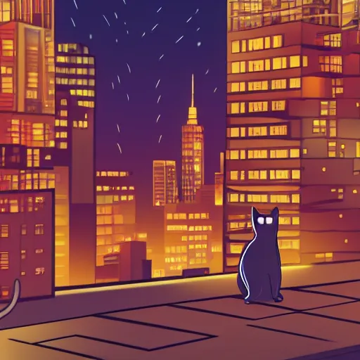 Image similar to cat overlooking bustling downtown city at night, pixel digital artstyle HD