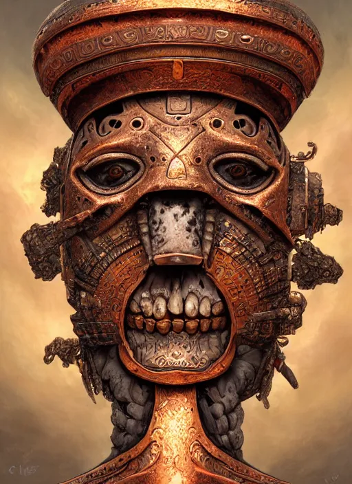 Image similar to Helmet of a forgotten Aztec Deity, bones, copper elements, extremly detailed digital painting, in the style of Tomasz Alen Kopera and Fenghua Zhong and Peter Mohrbacher, mystical colors, rim light, beautiful lighting, 8k, stunning scene, raytracing, octane, trending on artstation