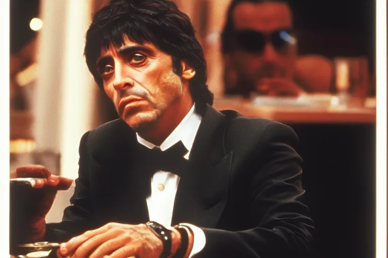 Image similar to tony montana from movie scarface 1 9 8 3 sitting at a big black oak table with big transparant packages of flour. next to the night window. al pacino. perfect symmetric face, coherent eyes,, fine details, 4 k, ron cobb, cinestill