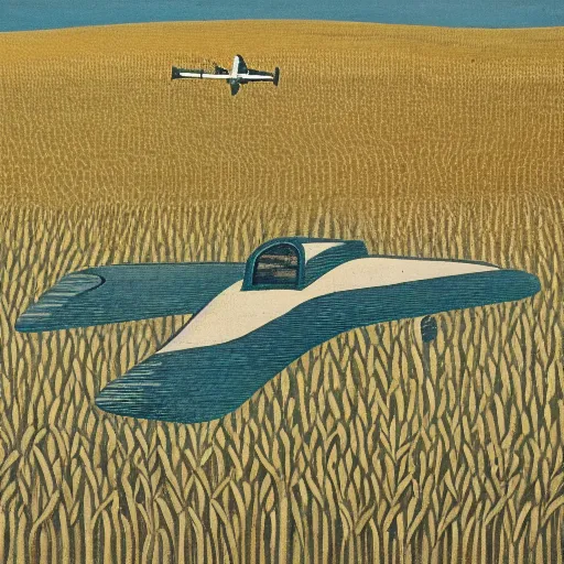 Prompt: a biplane flying low over a wheat field, by eric ravilious