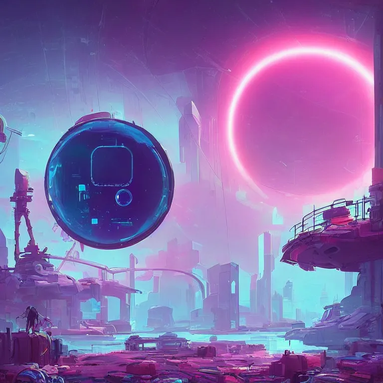 Image similar to a circle!! portal structure floating in space!!, cyberpunk, epic surrealism, indigo, purple, cyan, detailed digital matte painting in the style of simon stalenhag and painting by ralph mcquarrie