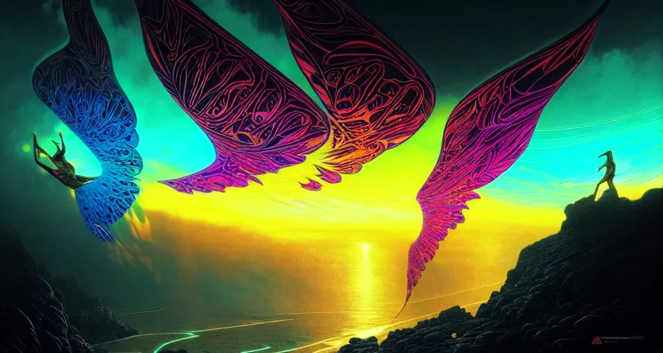 Prompt: psychedelic tron wings in front mind bending sunset, cliffside ocean scene, backlit, intricately aesthetic, surreal, diffuse lighting, hyper realistic, elegant, intricate, hyper detailed, smooth, sharp focus, concept art, illustration, trending on artstation, art by artem demura, greg rutkowski, james gurney, and alphonse mucha