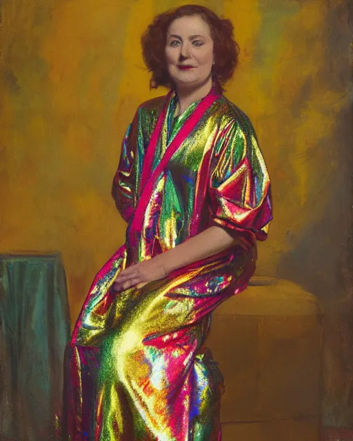 Prompt: a metallic multicolored woman in long robes, professional portrait