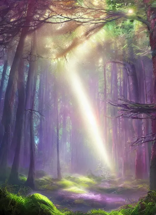 Image similar to painting of magic mushrooms , mysterious forest, beautiful lighting, god rays, fantasy art, matte painting