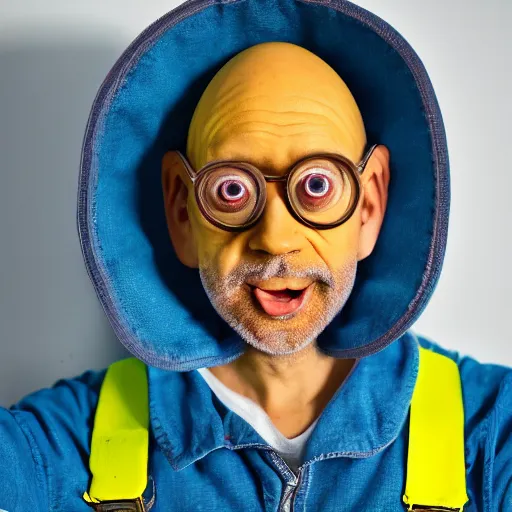 Image similar to portrait photo of a yellow - skinned bald wrinkly man with stubble and big eyes, he wears blue overalls no shirt, he looks like a human minion, moody cinematic lighting, realistic facial features, hyper detailed, crisp image, leica, 2 4 mm lens