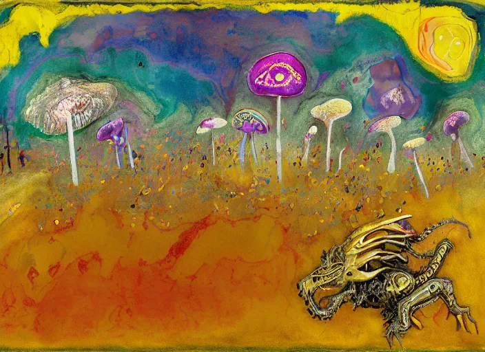 Image similar to expressionistic decollage painting golden armor alien zombie horseman riding on a crystal bone dragon broken rainbow diamond maggot horse in a blossoming meadow full of colorful mushrooms and golden foil toad blobs in a golden sunset, distant forest horizon, painted by Mark Rothko, Helen Frankenthaler, Danny Fox and Hilma af Klint, microsoft paint art, semiabstract, color field painting, byzantine art, jpeg compression artifact, pop art look, naive, outsider art, buff painting. Barnett Newman painting, part by Philip Guston and Frank Stella art by Adrian Ghenie, 8k, extreme detail, intricate detail, masterpiece