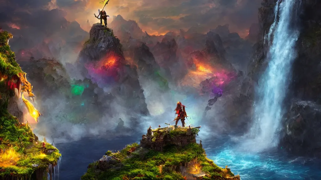 Image similar to A Fantasy Warrior, standing on a cliffside, beside a beautiful colourful waterfall, over looking a large Fantasy city in the middle of the ocean, trending artstation, 8k, highly detailed, matte painting, concept art, over the shoulder camera