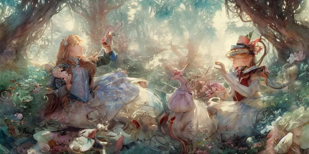 Prompt: a beautiful insanely intricate watercolor painting of alice in wonderland, reflexions, colorfull, by william turner art, by greg rutkowski, by james jean, by rossdraws, by frank franzzeta, by sakimichan, trending on artstation, insanely detailed, masterpiece,