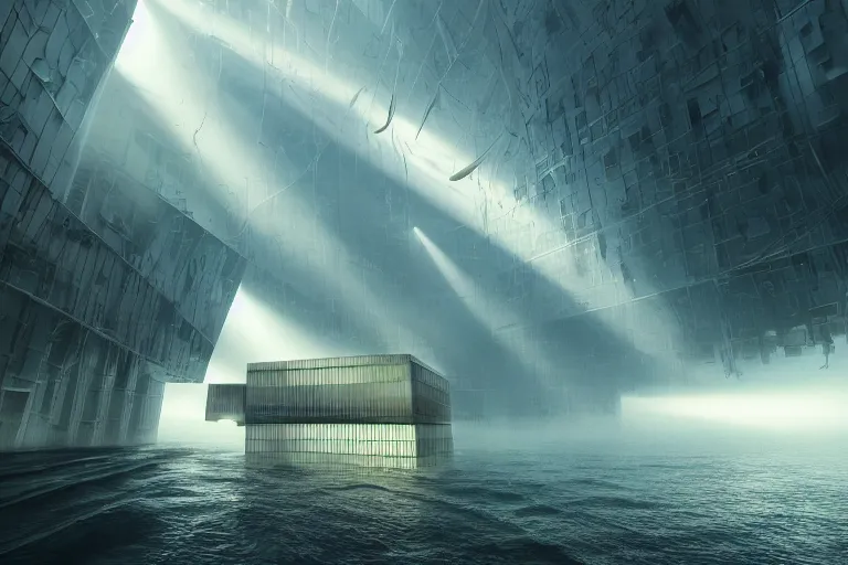 Image similar to realistic photograph of in the deep sea, a huge future metal cube building is shining ， volumetric lighting, god's ray, soviet, detailed characters, summer, dark overcast weather, high detailed, smooth, mark arian, award winning, highly detailed 4 k art by beeple and fvckrender and visualdon, trending on cgsociety