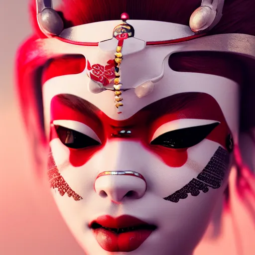 Image similar to geisha warrior ornated armor war paint, detailed, jewelry, sakura,photograph, award wining, red and white, trending on artstation, 4k, unreal engine 5, octane render, neon highlights