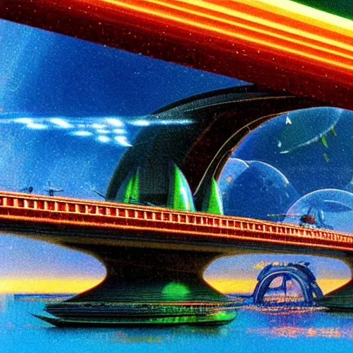 Image similar to floating holographic krang spaceship floating underneath rainbow gate bridge, art by bruce pennington, cinema still, film grain