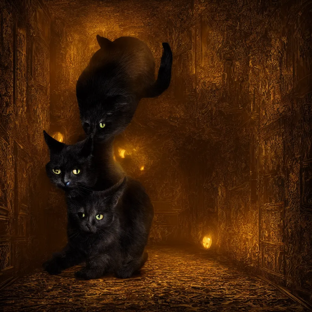 Prompt: a full-body shot of a black void cat with golden glowing eyes at the end of a scary hallway, fairytale, nightmare, hauntingly beautiful, elegant, super detailed, Octane render, reflections