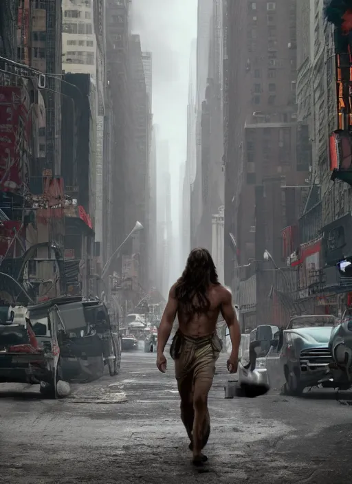 Image similar to film still, tarzan walk on the street of new york, post apocalyptic, symmetrical, 8 k, half body shot