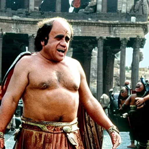 Image similar to danny devito as a roman praetorian in the streets of ancient rome, color film still