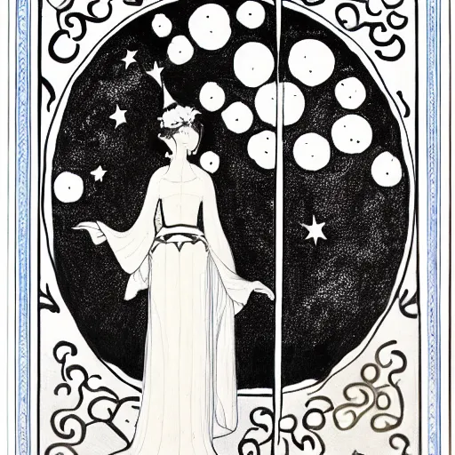 Prompt: a mother knight under moon and stars, style of aubrey beardsley