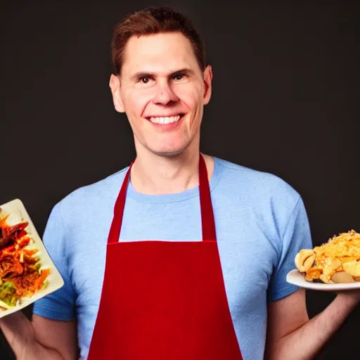 Prompt: photograph of jerma 9 8 5 wearing an apron, showing you a disgusting plate of food. 4 k