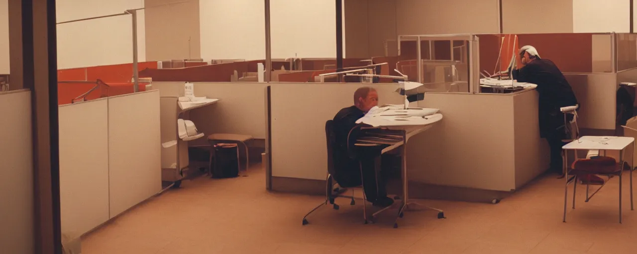 Image similar to security camera footage of a worker eating spaghetti alone at their cubicle, evening, kodachrome, in the style of wes anderson, retro