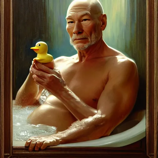 Image similar to fully clothed patrick stewart in a bathtub with a rubber duck, highly detailed painting by gaston bussiere, j. c. leyendecker, greg rutkowski, craig mullins 8 k