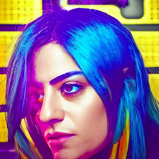 Prompt: “high detail portrait of Inbar Lavi with blue hair, digital art, concept art, neon colors, studio lightning, high contrast, sharp focus, hiperrealist, photorealist, Artstation HQ, DeviantArt, cybernetics, techwear, urban samurai, netrunner, Shadowrun, Cyberpunk 2077, Deus Ex, 4k UHD, Unreal Engine 5”